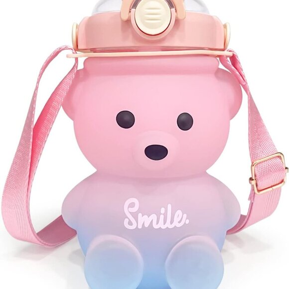 Cute Bear Water Bottle: 32oz Kawaii Kids Water Bottles with Strap and Straw - Le - Picture 1 of 7